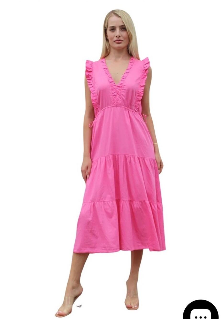 Stark X Pink Ruffle Maxi Dress Sleeveless Cotton V Neck Boho Size XS Flirty Chic